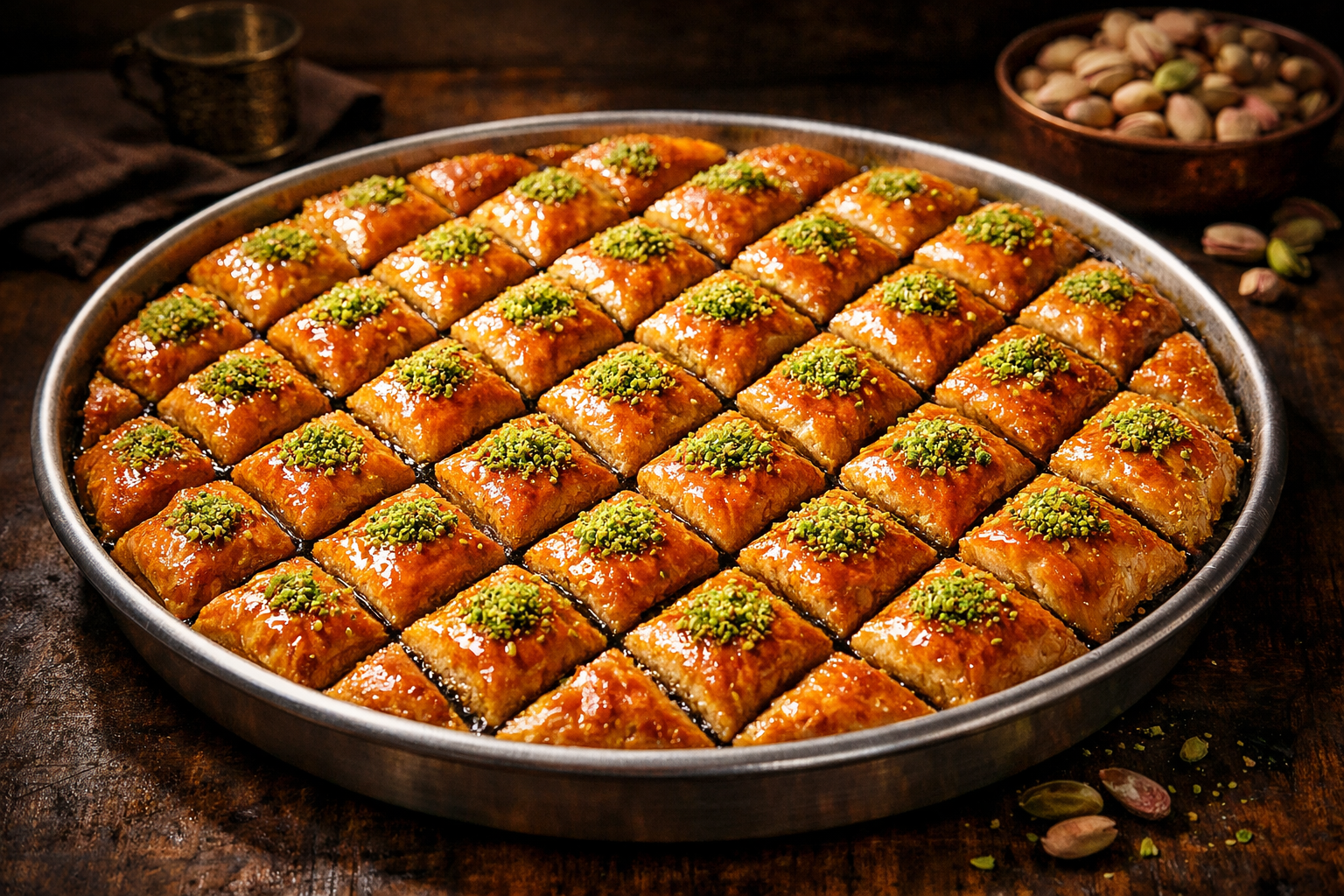 Tepside altın rengi pişmiş ev yapımı baklava dilimleri
