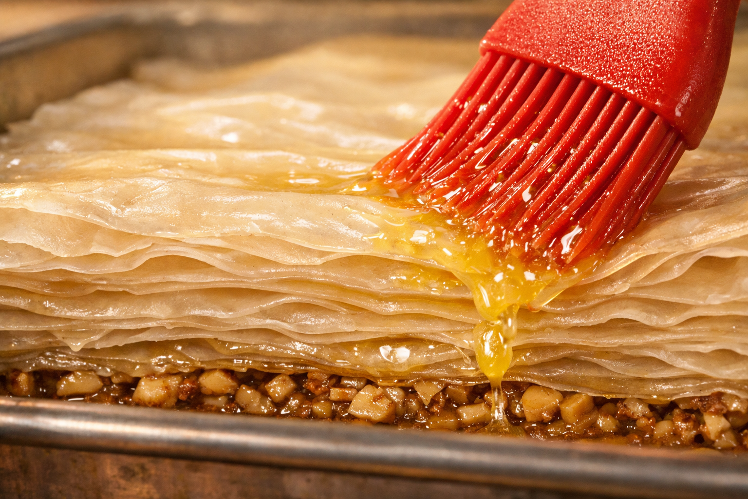 İnce açılmış baklava yufka katmanlarının yakın görünümü