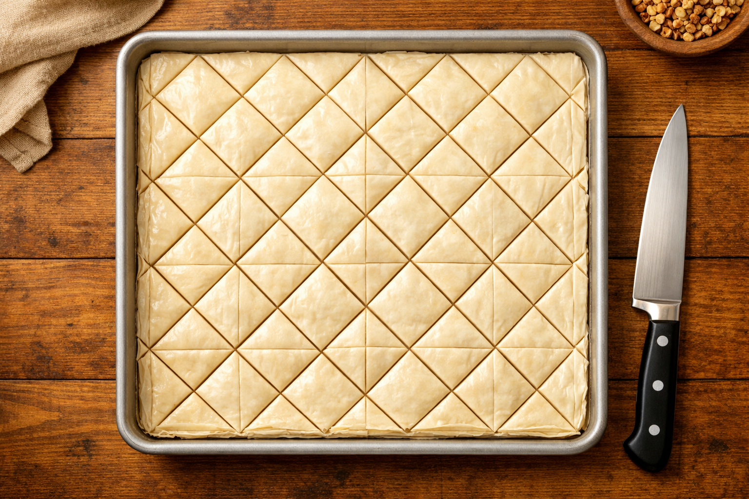 Pişirme öncesi tepsideki baklava kesim çizgileri