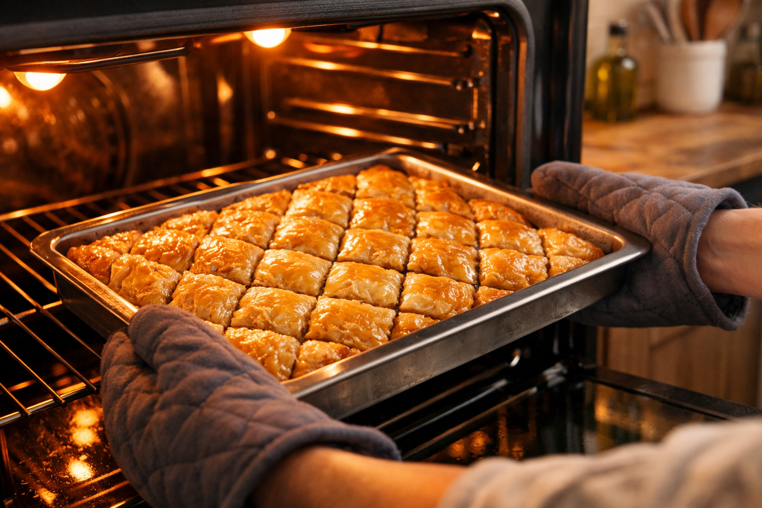 Fırına girecek kesilmiş baklava tepsisi üstten görünüm