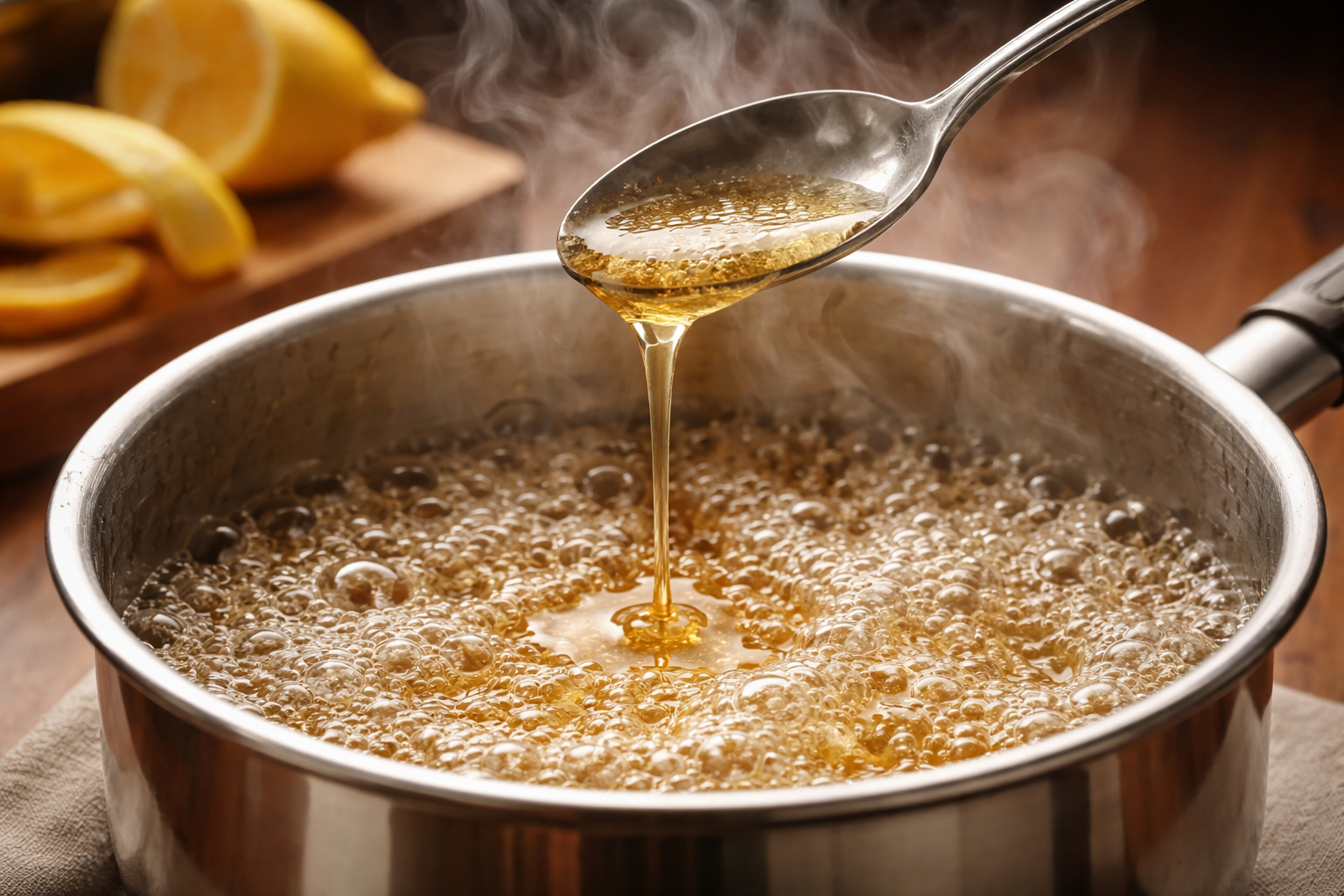 Baklava şerbeti tencerede kaynama anı ve kaşıkla kıvam kontrolü