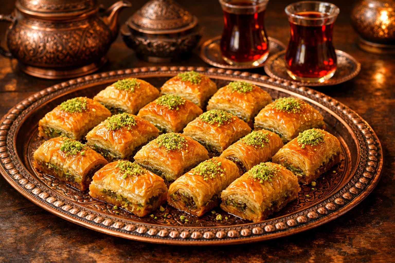 Geleneksel bakır tepside dinlendirilmiş baklavanın servis sunumu